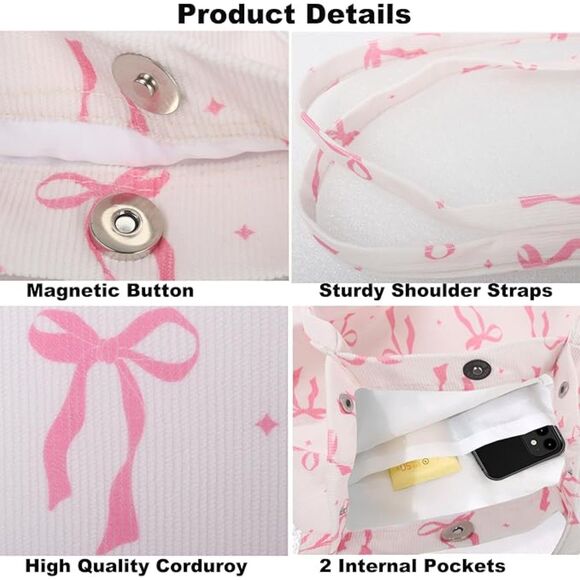 Women Pink Bow Imported Corduroy Small Canvas Shoulder Handy Tote Bag - Picture 4 of 4